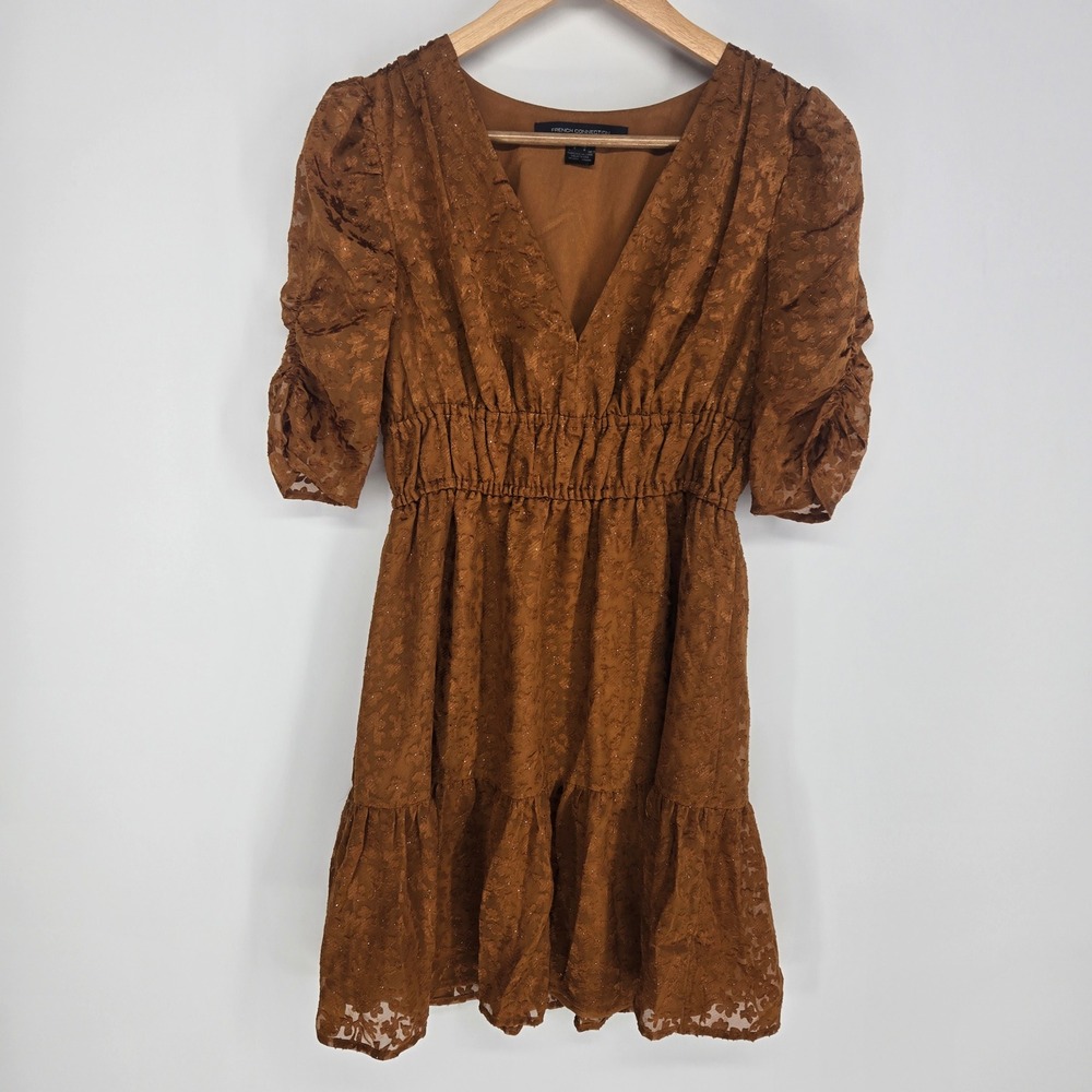 French Connection Dress Sz‎ 0 Brown Copper Burnout Lace Smocked V-Neck Coquette